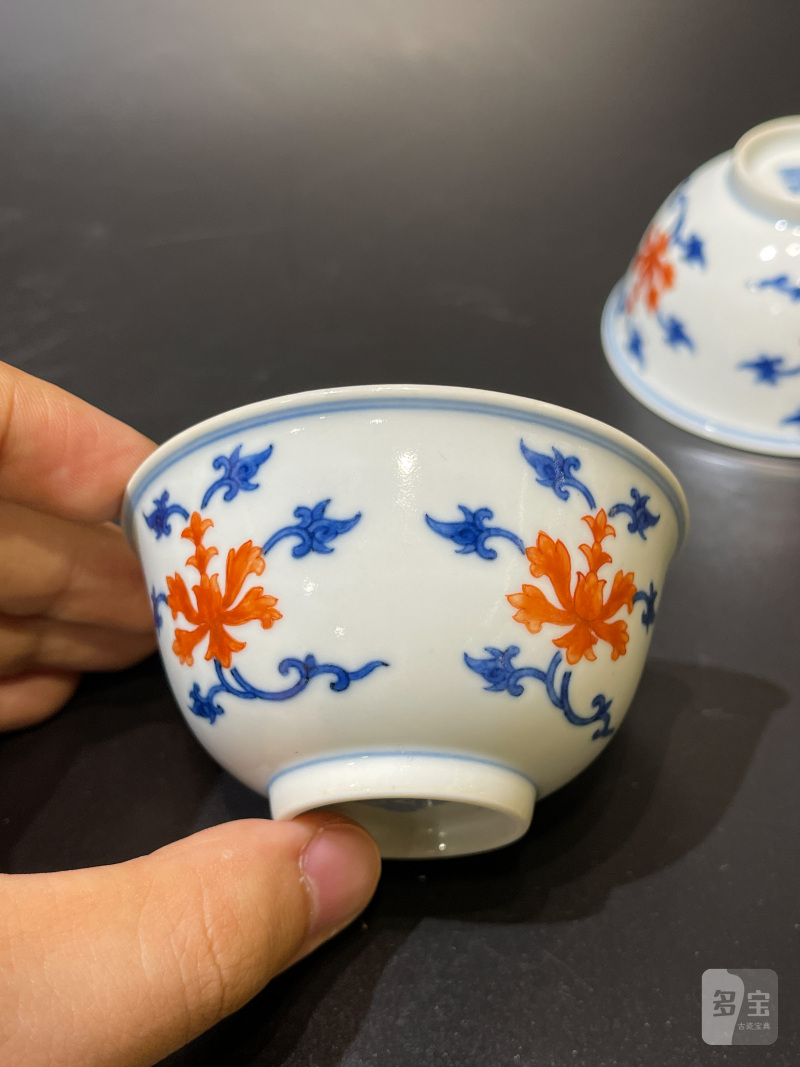 清道光 青花矾红宝相花纹茶圆一对 - 图13